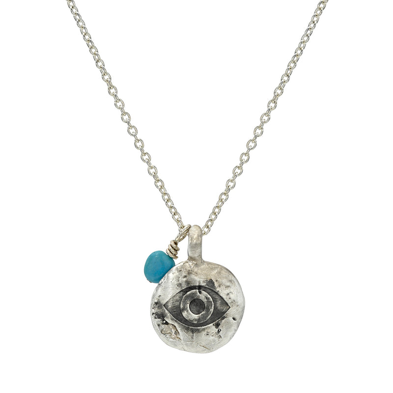 Evil Eye, Engraved Sterling Silver Necklace with a Turquoise